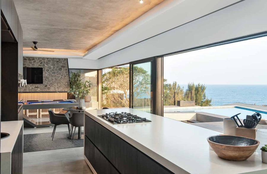 Open-plan kitchen with Indian Ocean views. Photography: Stephen Rowley.